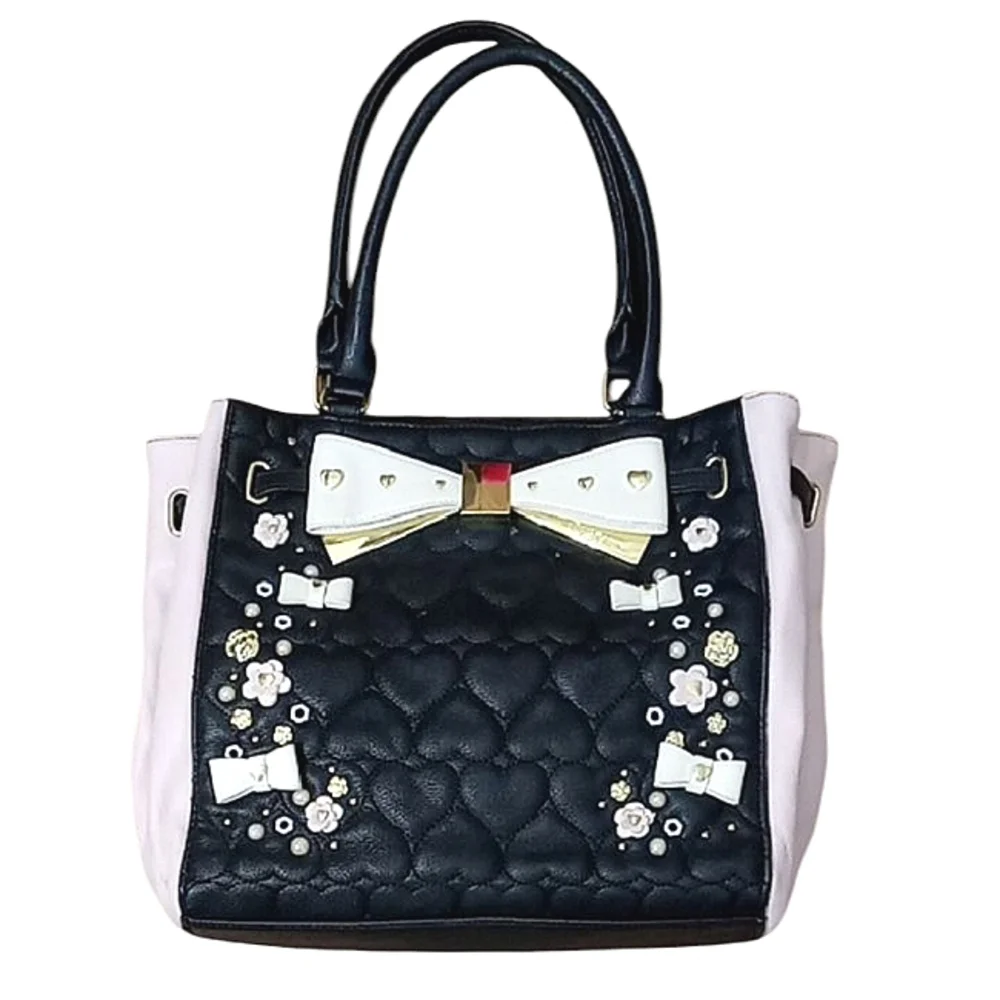 Betsey Johnson Tote Bag Pink Black Quilted Heart Beaded Studded Bowties Pearls